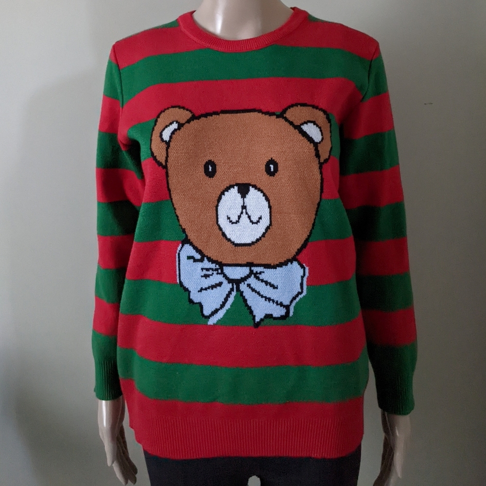 Cozy Bear red green striped knit crewneck sweater, women's small